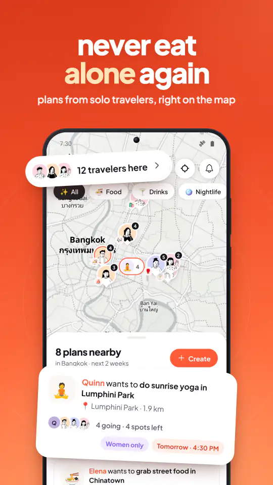Tablamigo map of plans from solo travelers nearby in Bangkok