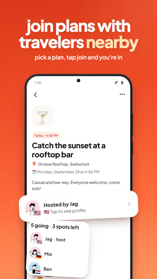 A plan to catch the sunset at a rooftop bar, with the host and who's going