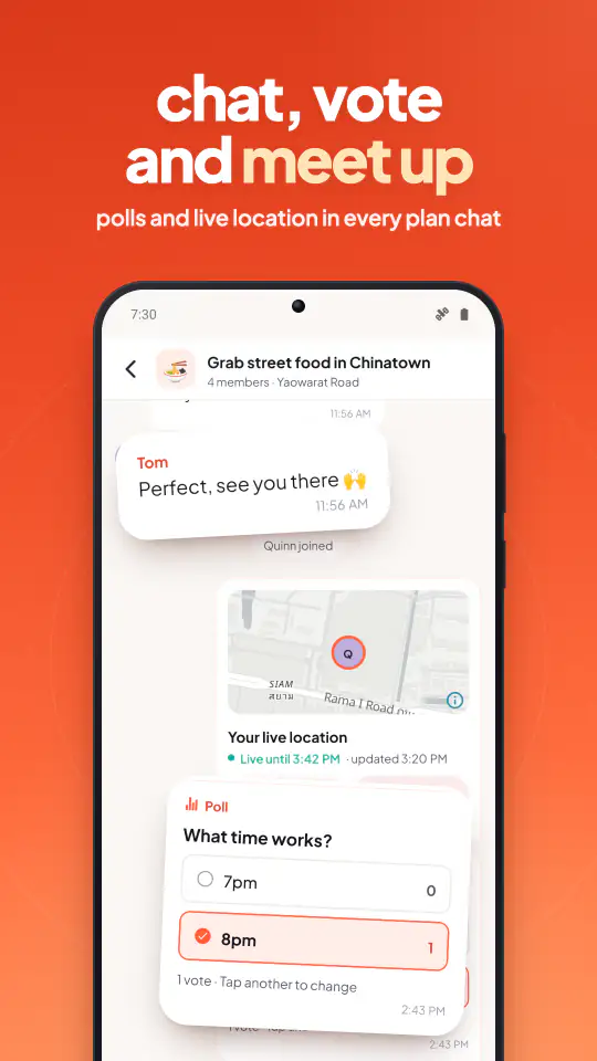 Group chat with live location sharing and a poll to pick a time