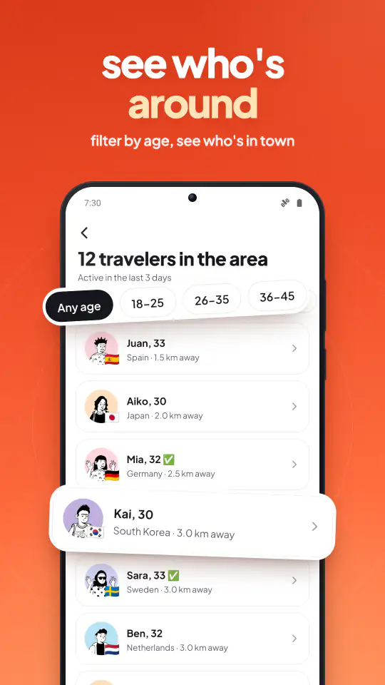 List of travelers in the area with an age filter