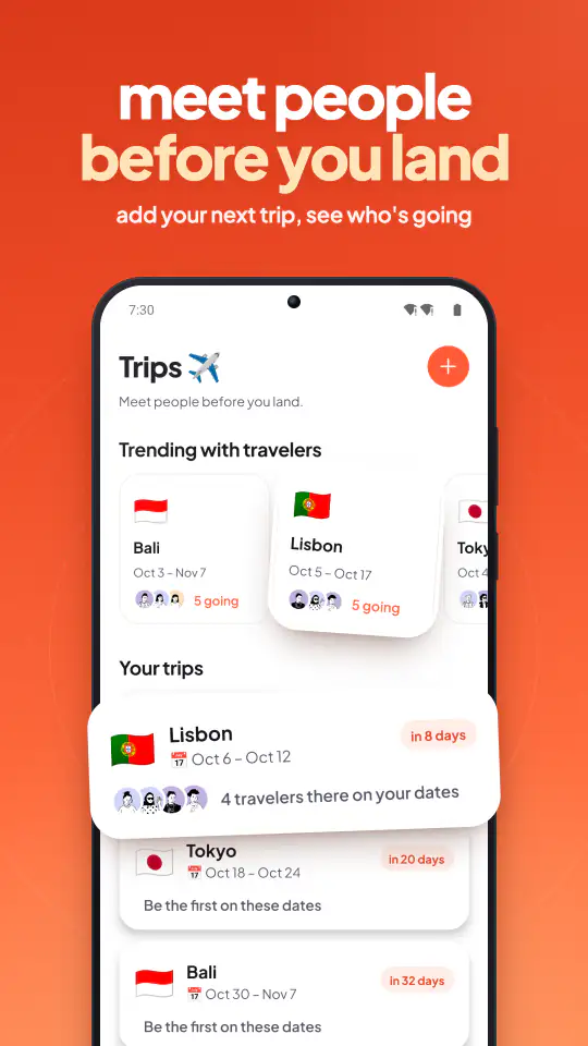 Tablamigo Trips screen with upcoming trips and how many travelers will be there on the same dates